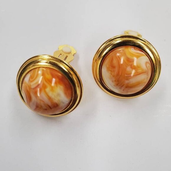 Vintage Signed Joan Rivers Dome Marble Motif Statement Clip-on Earrings - Picture 5 of 8